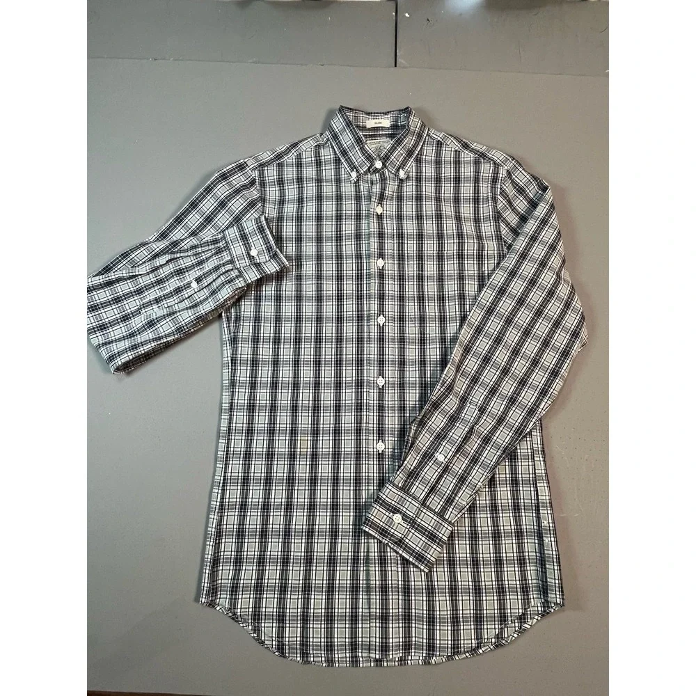 J.Crew Secret Wash Button Shirt Men XS Organic Cotton Slim Green Blue Plaid‎ New